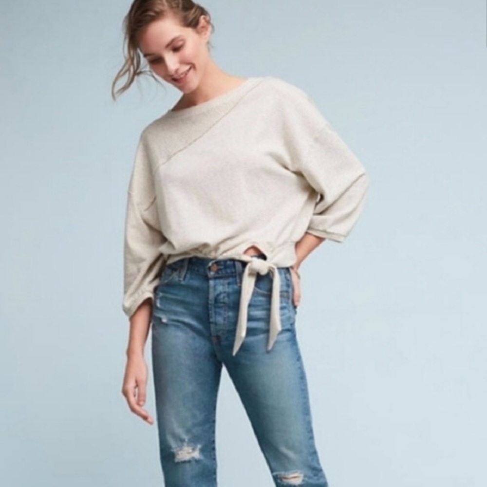 Anthropologie Postmark Bianca striped 3/4 sleeve tie front cropped style top